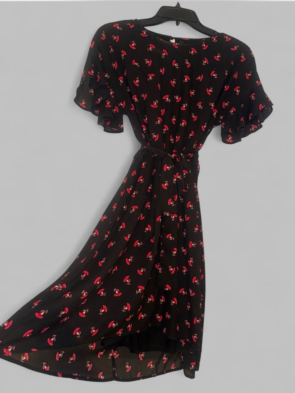 Aqua Black Dress with Red Floral Print